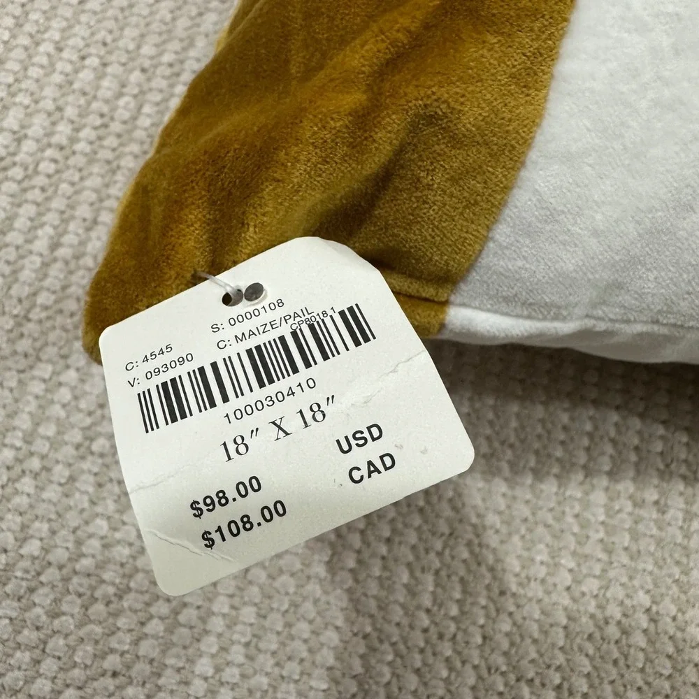 Anthropologie‎ Maize White Striped Throw Pillow 18x18 Cotton Mustard Yellow NEW